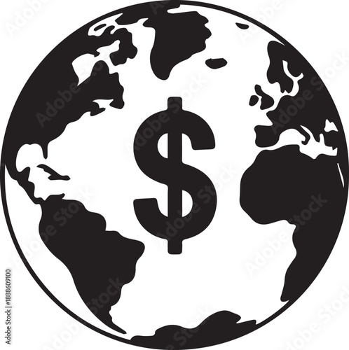 Black vector silhouette of a world globe with a dollar sign symbol representing global money, business finance, and the earth's economy as a conceptual investment icon
