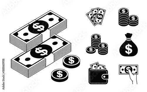 A clean collection of black and white money icons showing stacks of cash and coins