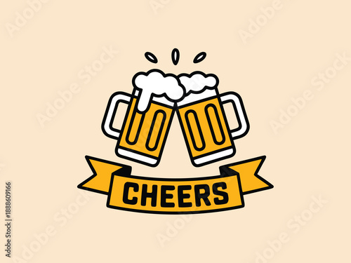 Two golden beer mugs clink together in a cheerful toast with a ribbon banner