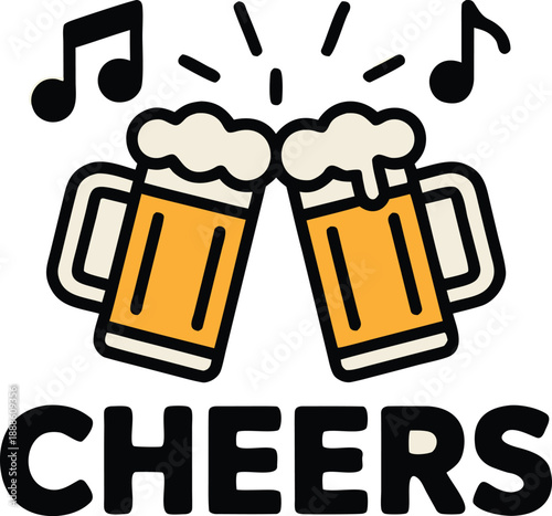 Two mugs of beer clink together with musical notes above accompanied by the word cheers