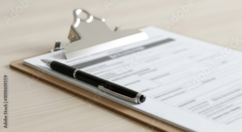 A clipboard with a pen on top of a document lies on a wooden desk in a modern office setting.