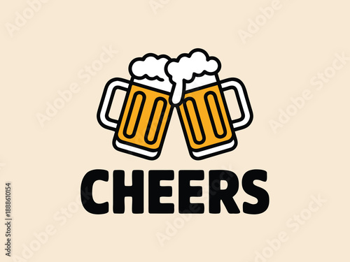 Two glasses of beer clinking together with the word cheers underneath high quality