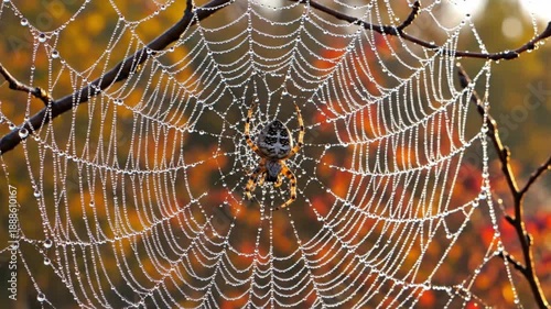 Wallpaper Mural A spider web glistening with dew drops in an autumnal forest, viewed from a close-up perspective. Torontodigital.ca