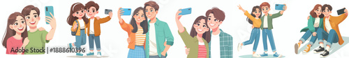 Vector of a couple taking a selfie together. Valentine's Day. Vector, minimalist, illustration, icon set.