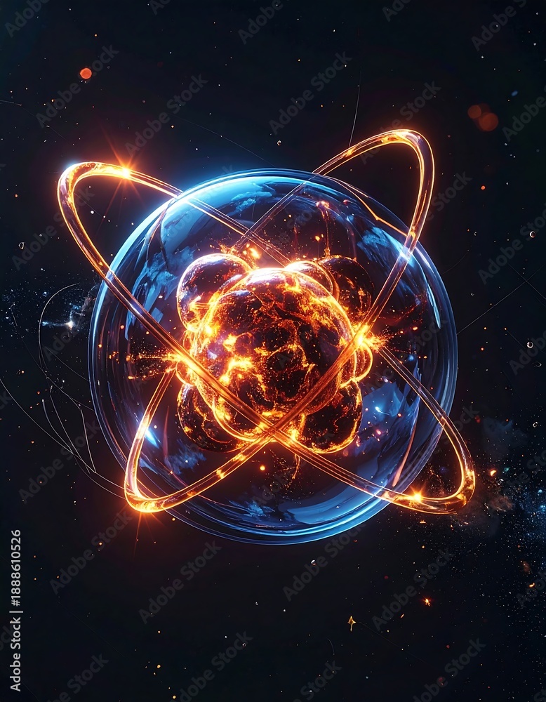 Obraz premium A vibrant, glowing atomic structure with swirling orange lines