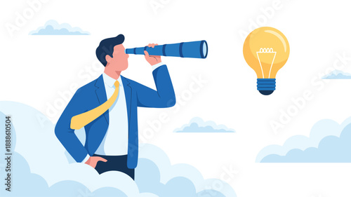 A professional gentleman in a smart blue suit observes a brilliant glowing lightbulb through a telescope