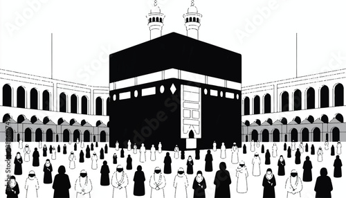 A black and white illustration of the Kaaba in Mecca, centered in the frame.  