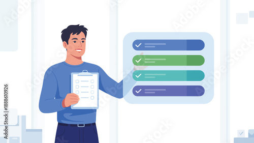 A smiling man holds an empty checklist while observing colorful progress bars all showing completion