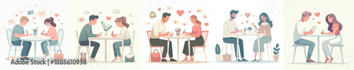 Vector of a couple writing love cards to each other. Valentine's Day. Vector, minimalist, illustration, icon set.