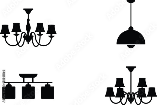 Black chandelier and pendant light silhouettes collection featuring modern and classic ceiling lighting fixtures isolated on white background for interior design icons and decorative graphic projects