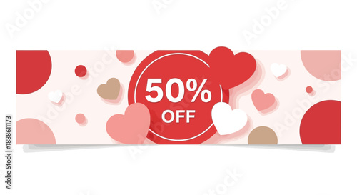 Valentine Sales Banner with 50 Percent Discount Text and Decorative Hearts