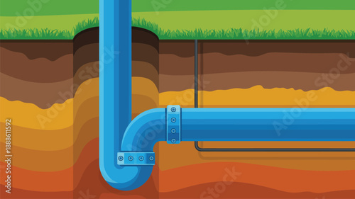 Blue pipeline installed underground at a right angle displaying various soil strata and green grass