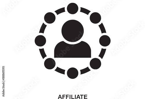 Affiliate marketing icon showing a central person symbol connected by arcs to surrounding circles representing a network of people