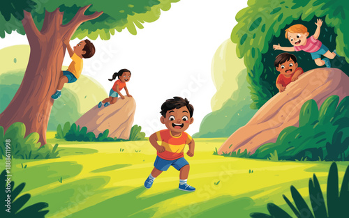 Children happily playing and exploring a vibrant green park with trees and rocks on a sunny day