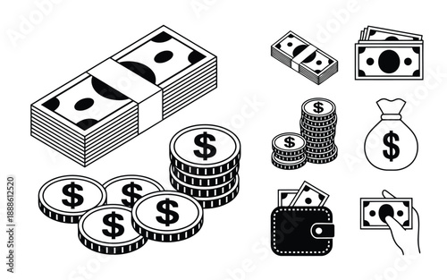 Simple outline illustrations of money including stacked dollar bills and various coins