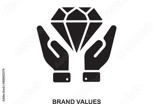 Black icon of cupped hands holding a faceted diamond, symbolizing brand values, integrity, and precious assets, flat design graphic