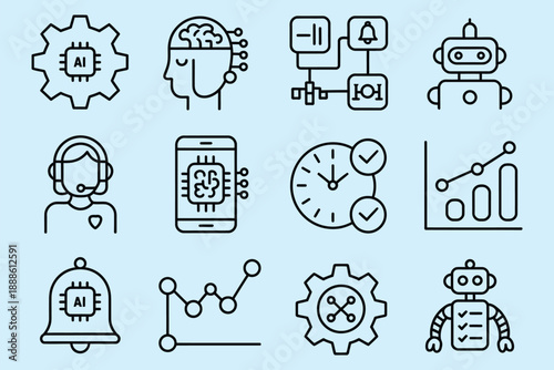 AI vector workflow optimisation icon set featuring routine automation task productivity icons robot scalable line symbols for business efficiency and digital process management design.