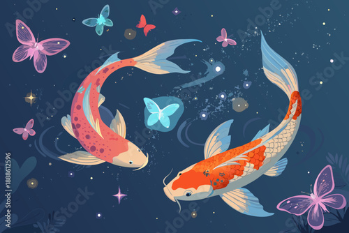 Depicting Koi Fish Flying Through Space Like Dre Crisp High-Quality Stock Image