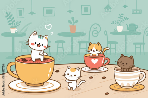 Featuring Cute Cat Caf With Tiny Cats And Cups Crisp Premium Digital Asset