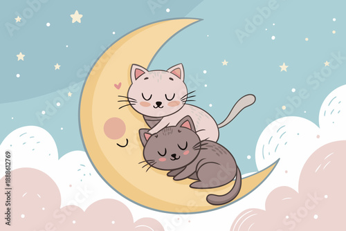 Cute Cats Sleeping Crescent Moon Soft Pastel Professional Photo Ideal for Marketing
