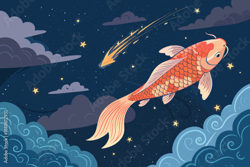 Dream Fantasy Koi Fish Flying Through Night Sky High-Quality Stock Image Ideal for Marketing