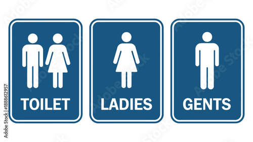Standardized blue and white icons providing clear directions to a public bathroom or washroom