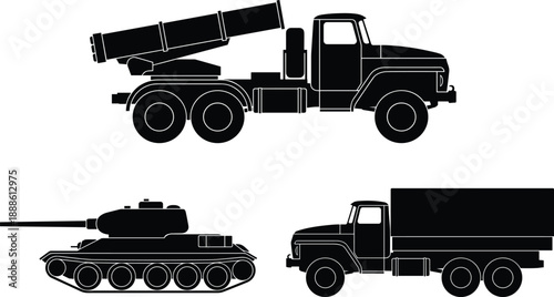 Black military vehicle silhouettes featuring missile launcher truck, armored tank and cargo transport isolated on white background for defense icons, warfare graphics and design projects