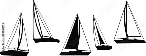 Black sailboat silhouettes collection featuring modern sailing yachts and boats isolated on white background for nautical icons, marine transportation design and travel graphic projects