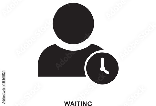 Simple black silhouette of a person icon next to a clock face symbolizing waiting or time management on a white background.