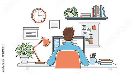 Back view of a man working at a tidy home office desk with a computer, plants, books, and various office supplies.