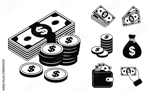 Various black and white money icons illustrate financial concepts like savings and income growth