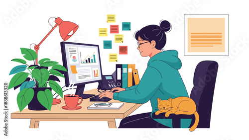 Creative woman works at her colorful and organized desk using a computer while her orange cat sleeps peacefully nearby.
