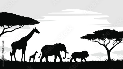 Wild animals including giraffe elephant and lion move across a savanna landscape under a pale sky