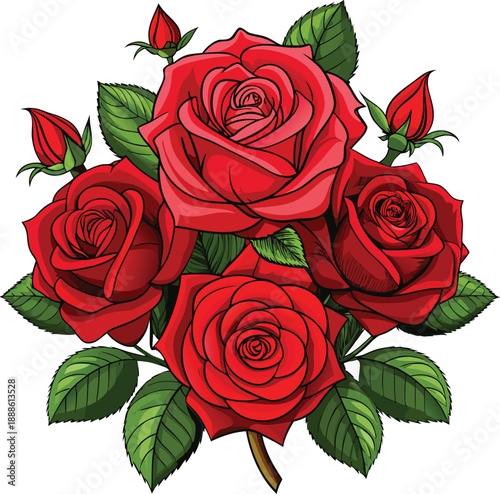 A vibrant bouquet of red roses and unopened rosebuds is centered against a clean white background. The roses are in full bloom, showcasing intricate details of their velvety petals in varying shades o