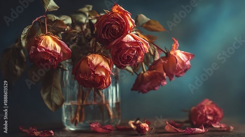 Wilting crimson roses droop dramatically inside a clear glass vase against a dark backdrop