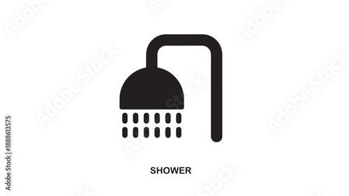 Simple black outline icon of a shower head with water droplets falling, representing cleanliness and hygiene in a minimalist flat design style.