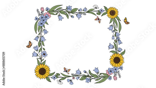 Decorative rectangular frame composed of intertwined green branches sunflowers bluebells and fluttering butterflies on a clean white background.