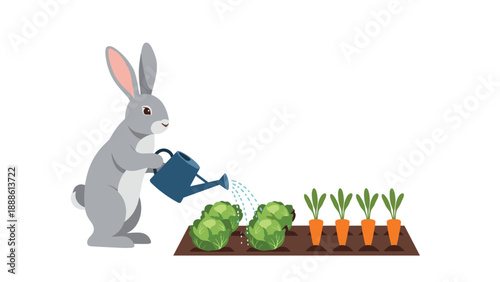 Diligent gray rabbit character using a blue watering can to water rows of green cabbages and orange carrots in a neat vegetable garden.