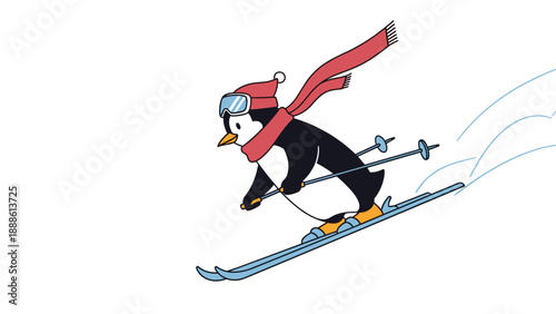 Energetic cartoon penguin wearing a red hat and scarf skiing down a snowy slope with blue skies and goggles in a fun winter sports scene.