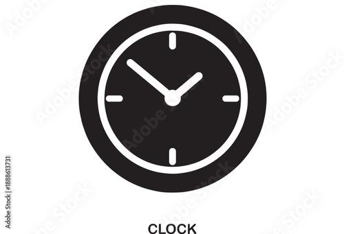 Simple black and white flat icon of a clock face with hour and minute hands pointing to the time.