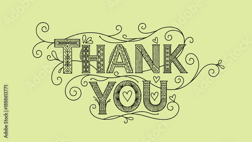 Decorative hand-lettered phrase thank you with intricate patterns scrolls and hearts on a solid light green background.