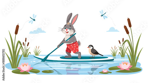 Happy rabbit wearing red swim trunks standing on a paddleboard on a calm pond with water lilies reeds and dragonflies.