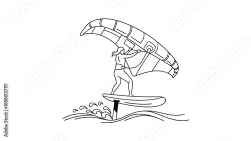 Line art illustration of an athlete practicing wing foiling over ocean waves with a large handheld wing and a hydrofoil board.