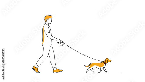 Simple line drawing with orange accents of a man walking his beagle dog on a leash along a straight horizontal path.