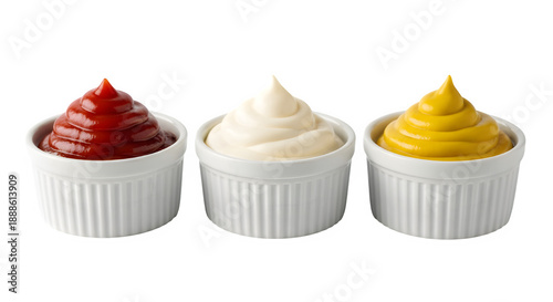 Three ramekins of ketchup mayonnaise and mustard isolated on transparent background