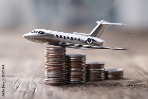 Miniature metal aircraft rests above progressively shorter stacks of currency on a wooden surface