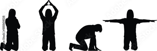 Kneeling silhouette collection, expressive poses, black figures, emotional gestures, contemplative posture, symbolic movement, body language, artistic icon, balance