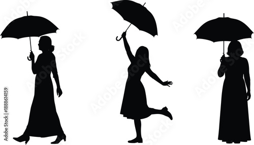 Women with umbrellas, silhouette poses, walking figure, joyful gesture, standing posture, black icons, rainy day, motion style, elegance
