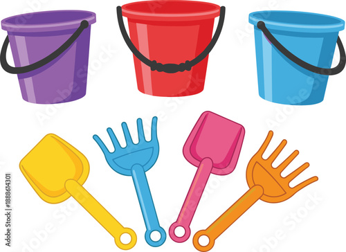 Beach toys collection, colorful buckets, sand shovels, plastic rakes, summer play tools, kids outdoor fun, sandbox gear, seaside accessories, vibrant set