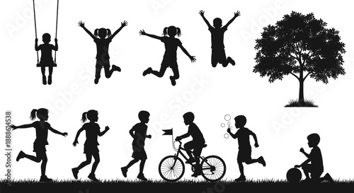 Children playing outdoors silhouette, swing, bicycle, bubbles, running, jumping, childhood recreation art, black and white design, nature scene